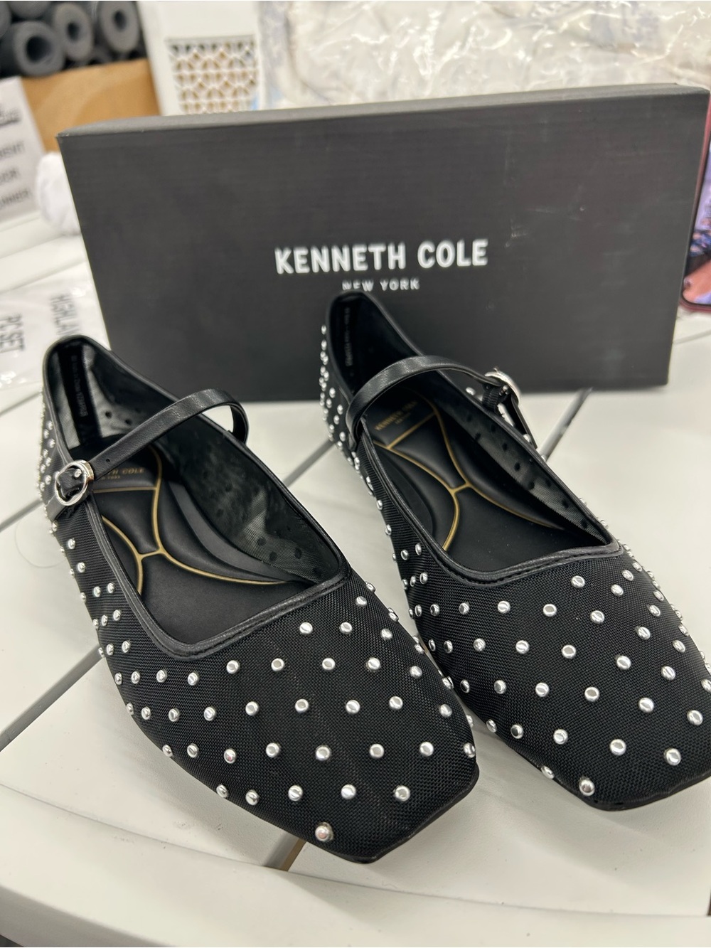 Kenneth Cole Black Studded Mary Jane Flats with Silver Accents